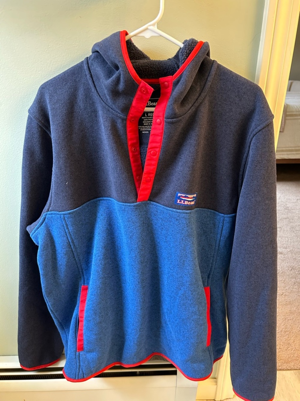 L.L.Bean Gray and Blue Fleece Hoodie with Red Snap Placket